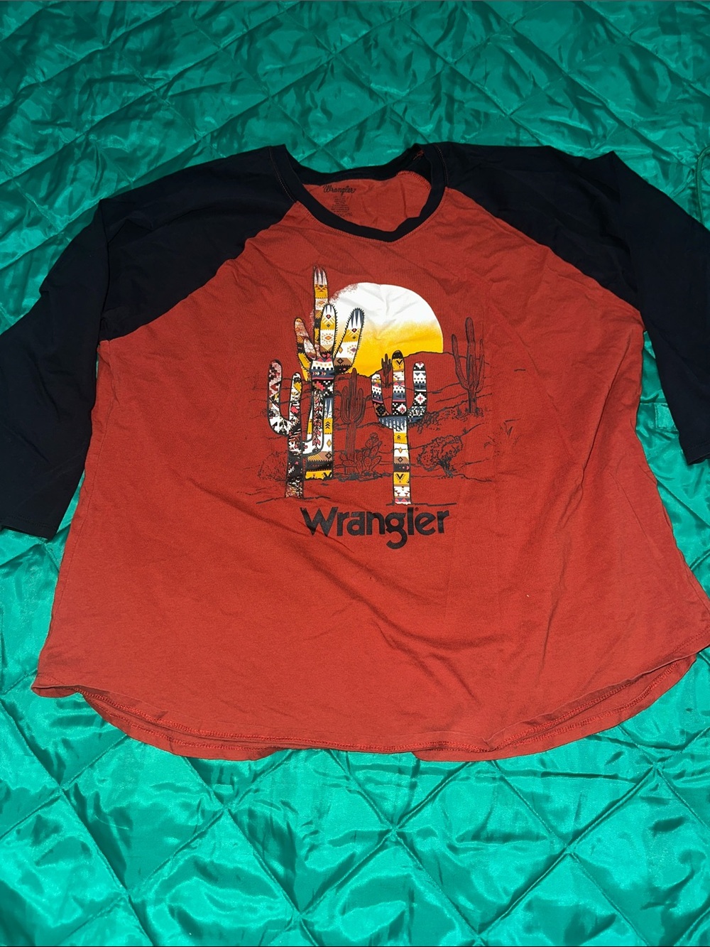 Wrangler Rust Red and Black Raglan Cactus Graphic Long Sleeve Tee